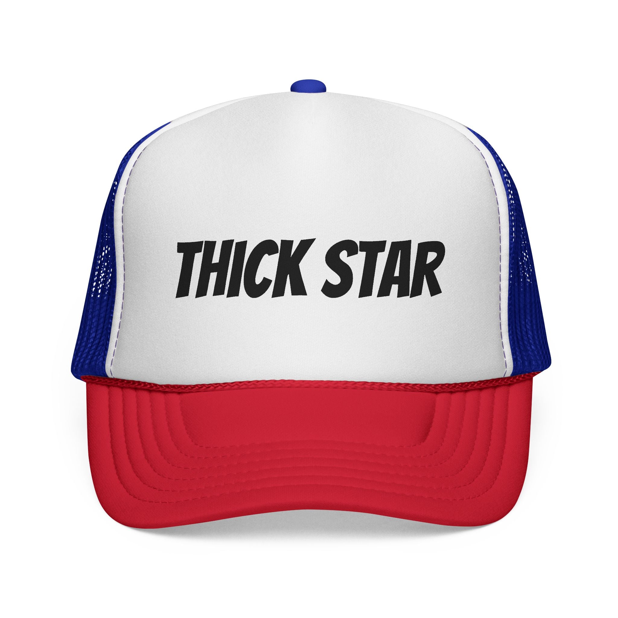 Thick Star Trucker Hat — Retro Bold Script Mesh Cap