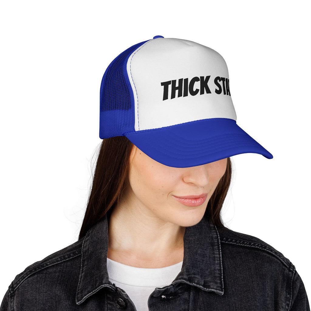 Thick Star Trucker Hat — Retro Bold Script Mesh Cap