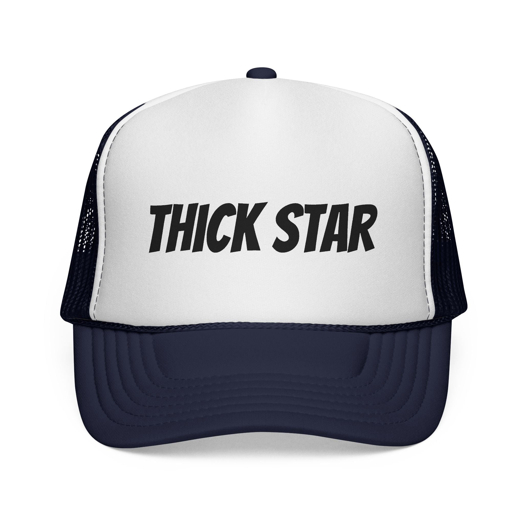 Thick Star Trucker Hat — Retro Bold Script Mesh Cap