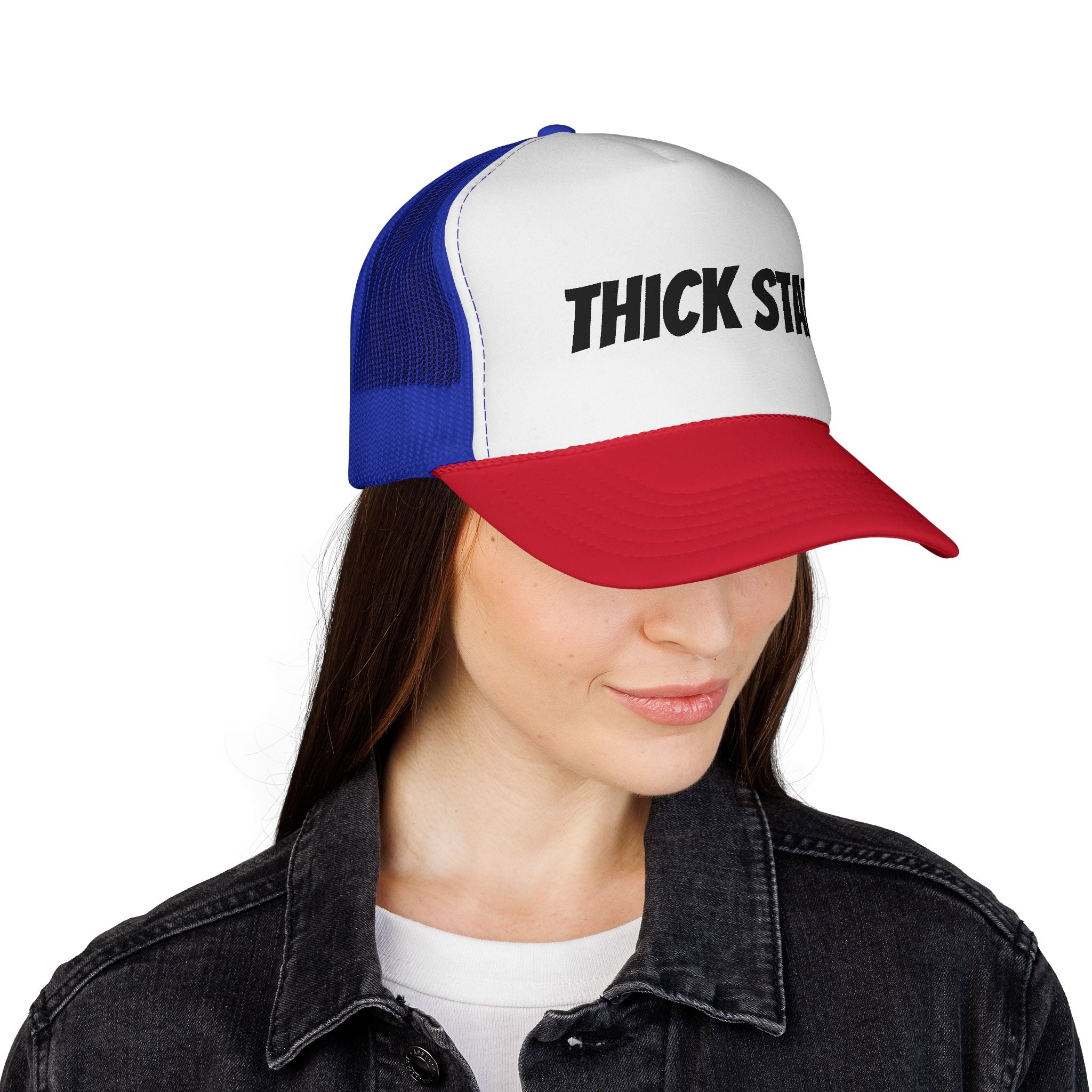 Thick Star Trucker Hat — Retro Bold Script Mesh Cap